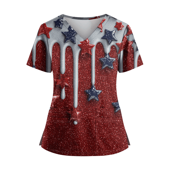America 250 Years Scrub Shirt for Women Usa Flag Print 4th Of July Patriotic Star V Neck Shirts Short Sleeve Regular Fit Comfy Nursing Uniforms with Pockets, #01 Deep Red, XL