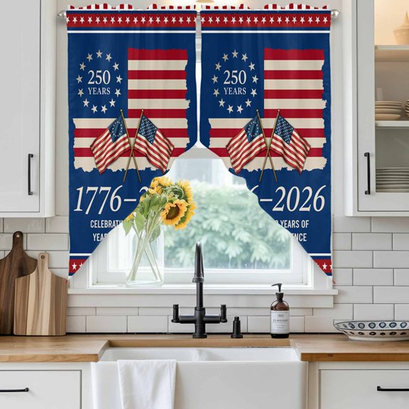 America 250 Years Swag Curtain Valance for Windows, Independence Day Red White Stripe Blue Star Flag Window Treatments Short Swag Topper for Kitchen Windows Bathroom Bedroom, 36"x36"