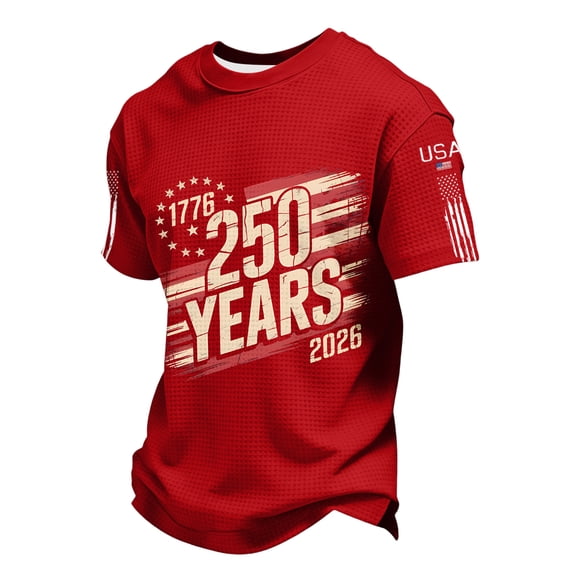 America 250 Years T Shirts for Men American Flag Print Waffle Short Sleeve Crew Neck T-Shirt Patriotic Pullover Classic Fit Beach Vacation Soft Tshirt, Red, #01 Red
