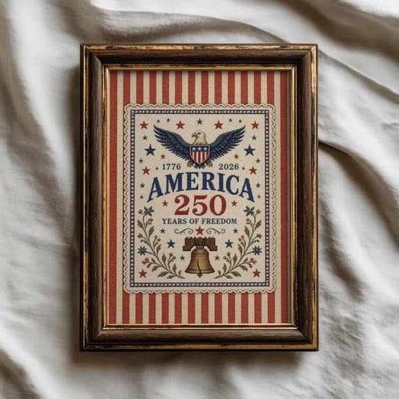 America 250 Years Unframed Poster Art | Vintage Americana Decor | 4th of July Patriotic Print | Cross Stitch Art-No Frame Included