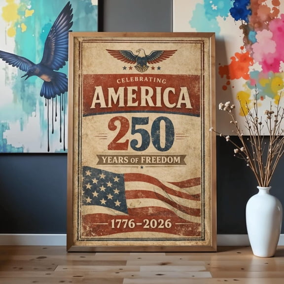 America 250 Years of Freedom Poster, Framed Vertical Poster, 1776-2026 Patriotic Wall Art, 12x18 UNFRAMED