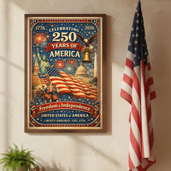America 250 Years of Freedom Poster, Matte Stretched Wall Art 1776-2026, 8x12 UNFRAMED