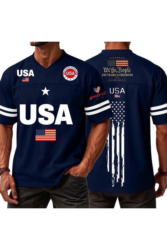 America 250Th Anniversary Football Jerseys for Men Short Sleeve V Neck USA Patriotic Print Football Jersey 4th of July Casual Summer Loose Fit Tee Tops