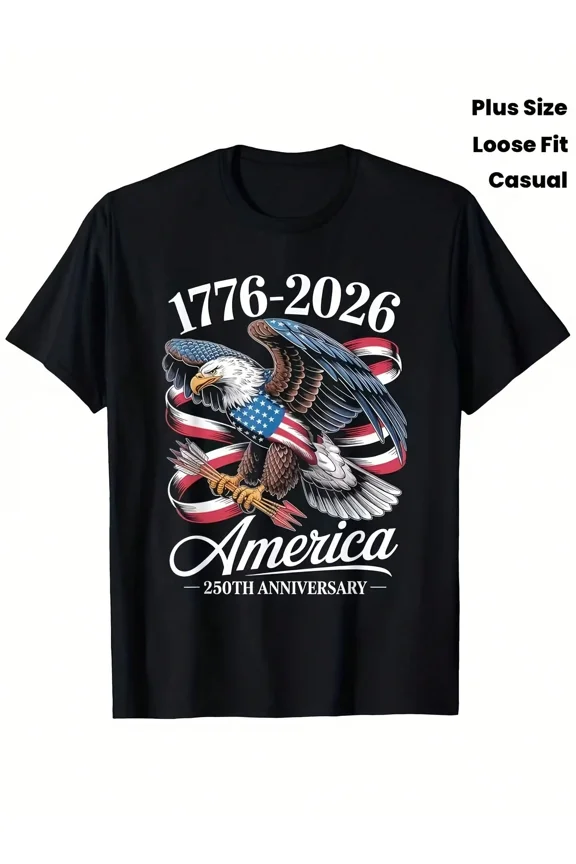 America 250th Anniversary 1776-2026 Patriotic Bald Eagle Graphic Men's Plus Size Loose Fit Casual T-Shirt