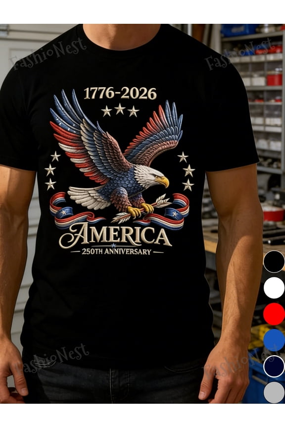 America 250th Anniversary 1776-2026 Patriotic Bald Eagle Men's Graphic T-Shirt Retro USA Pride Short Sleeve Tee Black