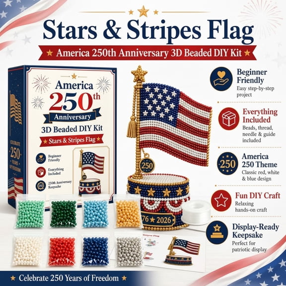America 250th Anniversary 3D Beaded Flag DIY Kit, Stars & Stripes Patriotic Craft Set, Beginner Friendly 4th of July Keepsake, Complete Beaded Project Kit for Adults & Teens