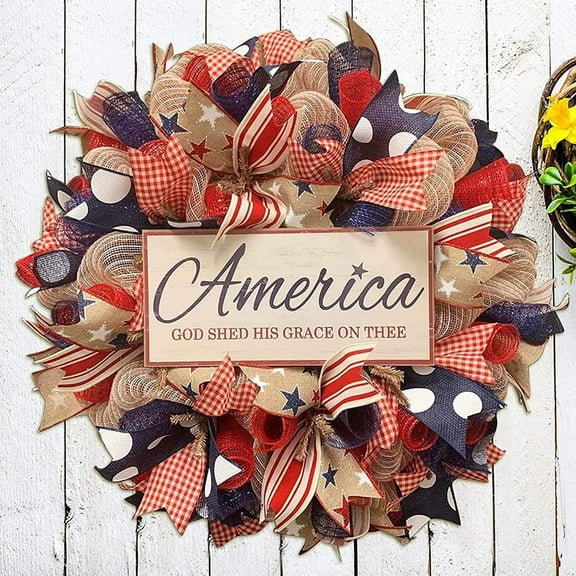 250th Anniversary 4th of July Wreath for Front Door,Patriotic American Flag Burlap Wreaths Farmhouse Summer for Memorial Independence Day, Red White and Blue Hanging Ornament Wreath