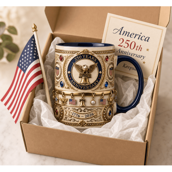 America 250th Anniversary Accent Mug 1776-2026 Patriotic USA Coffee Cup with Vintage Gold Emblem