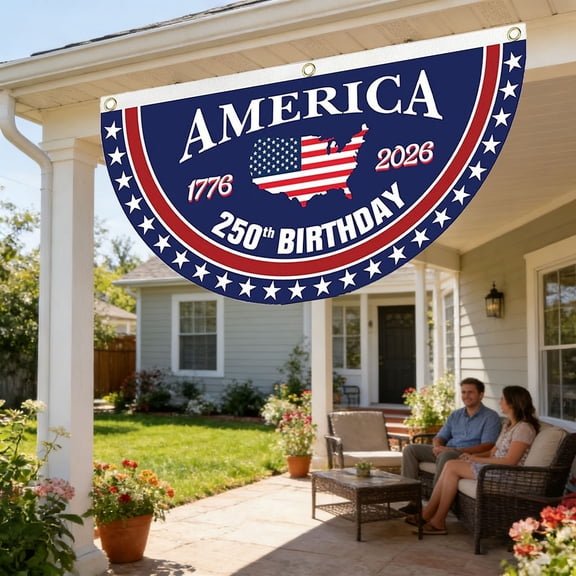 America 250th Anniversary Banner, Patriotic Half-Round Flag Decor, 1776-2026 Outdoor Hanging Sign for Porch Fence Wall, 17.7x35.4 Inches.