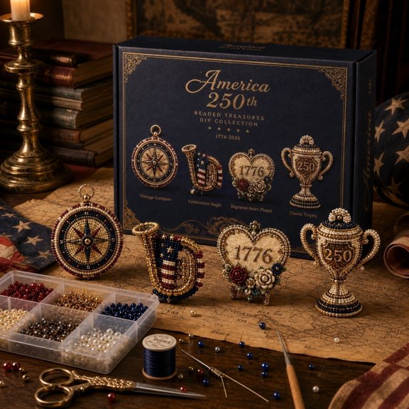 America 250th Anniversary Beaded DIY Kit, Patriotic 4-Piece Craft Set for Adults – Heart, Trophy & Musical Instrument Designs, Glue-Free & Tool-Free Assembly, Durable Plastic Beads