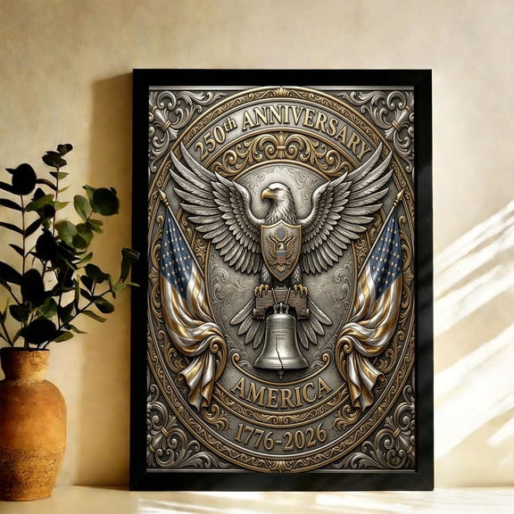 America 250th Anniversary Crest Art,Metallic Silver Gold Eagle Relief Print,Vintage Liberty Bell Wall Decor,Formal Office Art, 16x24 UNFRAMED