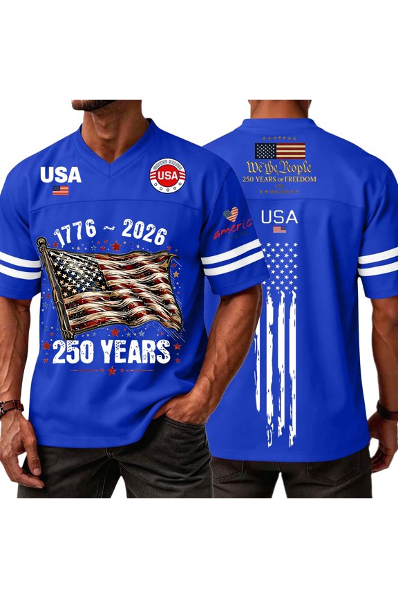 America 250th Anniversary Football Jerseys for Men V-Neck 250 Years Jersey Shirts for 4th of July American Flag