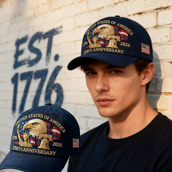 America 250th Anniversary Hat, Patriotic USA Baseball Cap, Retro Adjustable Tribute with Embroidery, Celebrate 250 Years of U.S. History & Freedom, Navy Blue