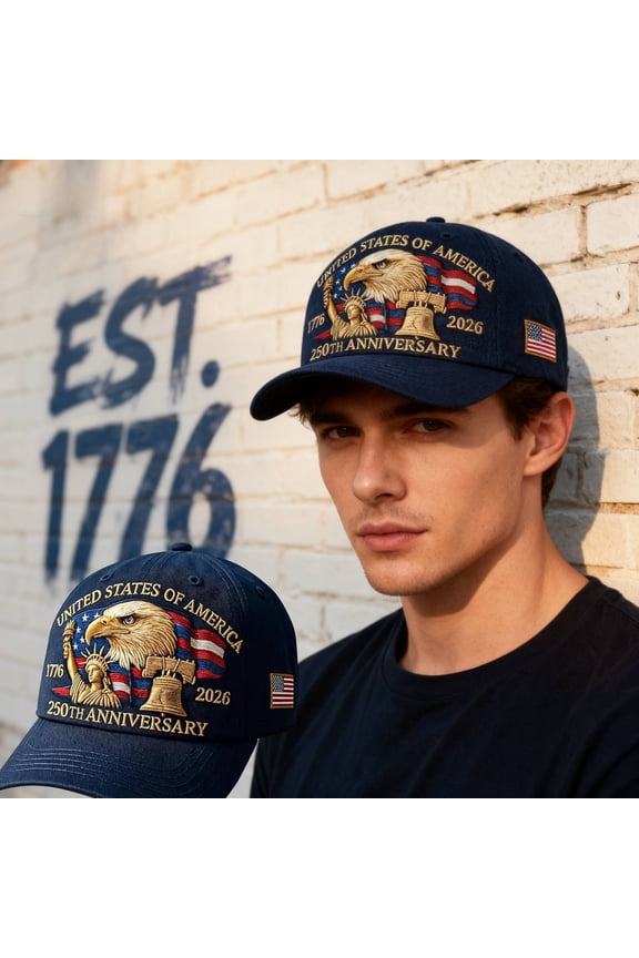 America 250th Anniversary Hat, Patriotic USA Baseball Cap, Retro Adjustable Tribute with Embroidery, Celebrate 250 Years of U.S. History & Freedom, Navy Blue