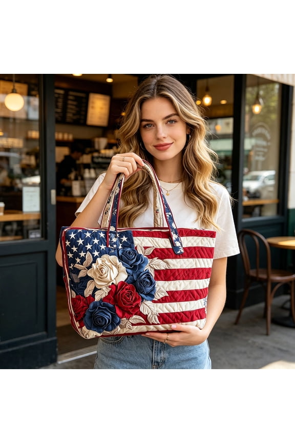 America 250th Anniversary Quilted Tote Bag Patriotic Large Capacity Shoulder Bag