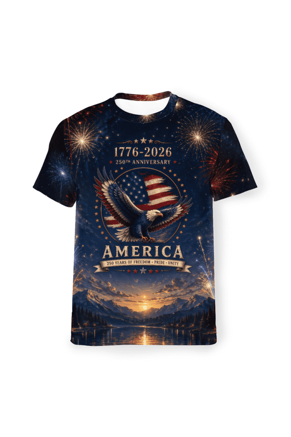 Patriotic America 250th Anniversary T-Shirt for Men and Women, 1776-2026 Fireworks Graphic Independence Day Tee