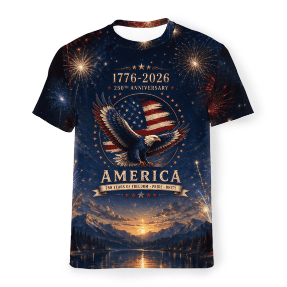 Patriotic America 250th Anniversary T-Shirt for Men and Women, 1776-2026 Fireworks Graphic Independence Day Tee