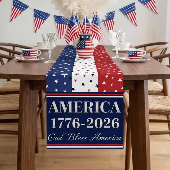 America 250th Anniversary Table Runner 13x36 Inches Long God Bless America Patriotic Star Strip Cotton Linen Table Runner Burlap Style for Dinner Table Party Decor Tabletop Decorations