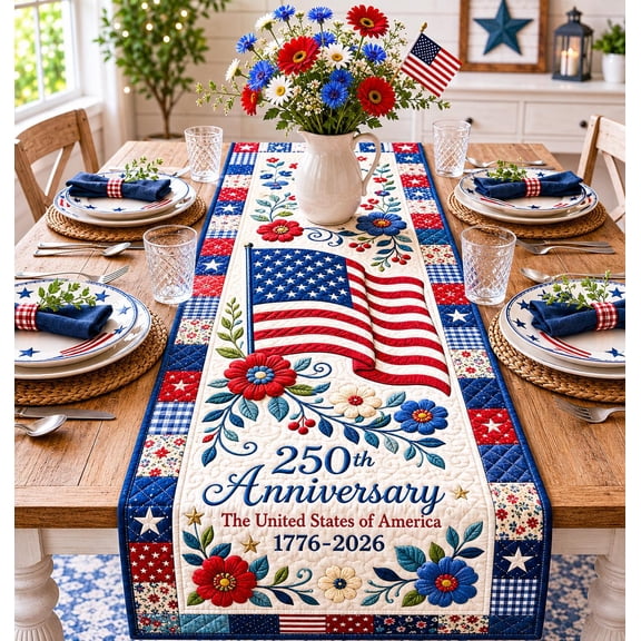 America 250th Anniversary Table Runner, Patriotic Flag Floral Table Decor, USA Celebration 1776-2026 Dining Runner, Patriotic Table Runner