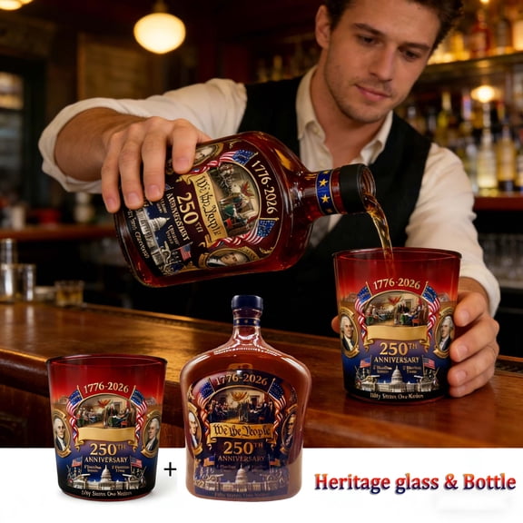 America 250th Anniversary Whiskey Bottle and Glass Set “We The People” Heritage Patriotic Commemorative Bottle & Glass Set, Independence Printed Collectible Glasses for Liquor Scotch Bourbon