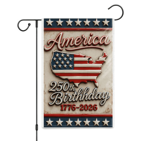 America 250th Birthday 1776-2026 Patriotic Garden Flag, Vintage US Map & Flag Design Burlap Yard Decor