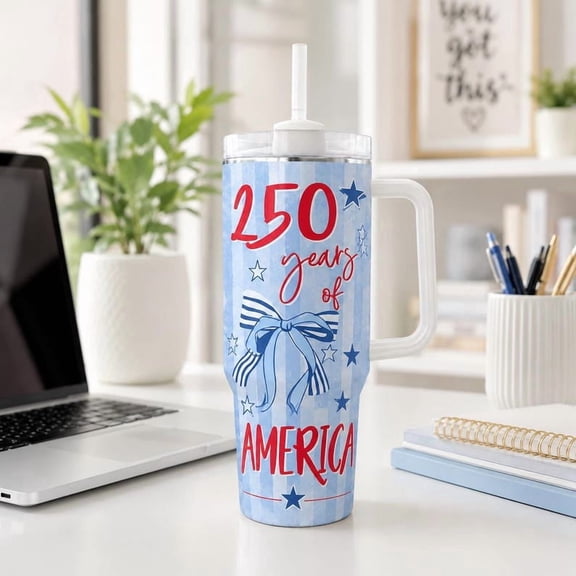 America 250th Birthday 40oz Stainless Steel Tumbler With Handle Lid and Straw, Patriotic Floral Drink Cup, Travel Tumbler, Fun Tumbler Gift