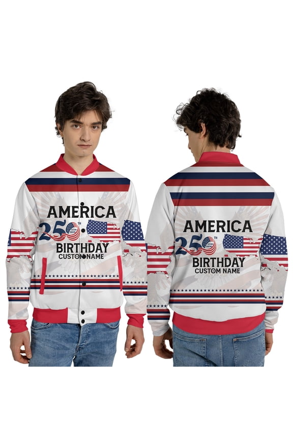 America 250th Birthday Custom Name Patriotic Jacket, 1776–2026 USA Anniversary Graphic, American Flag Bomber Jacket or Baseball Jacket, Independence Day Gift
