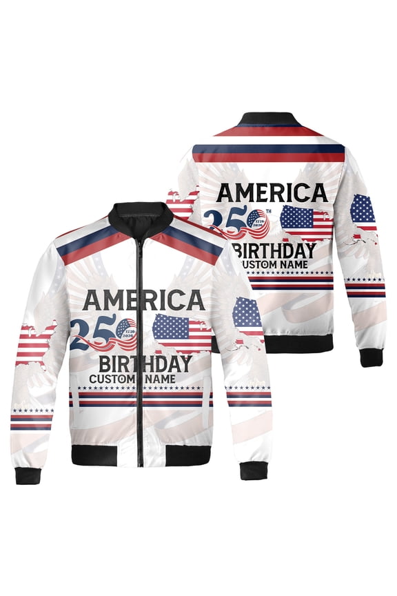 America 250th Birthday Custom Name Patriotic Jacket, 1776–2026 USA Anniversary Graphic, American Flag Bomber Jacket or Baseball Jacket, Independence Day Gift