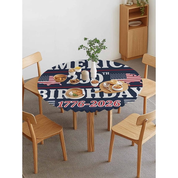 America 250th Birthday Round Fitted Tablecloth with Elastic Edge, American Map Independence Day Waterproof Stretch Table Covers for 45"-54" Tables Wipeable Table Cloth for Outdoor