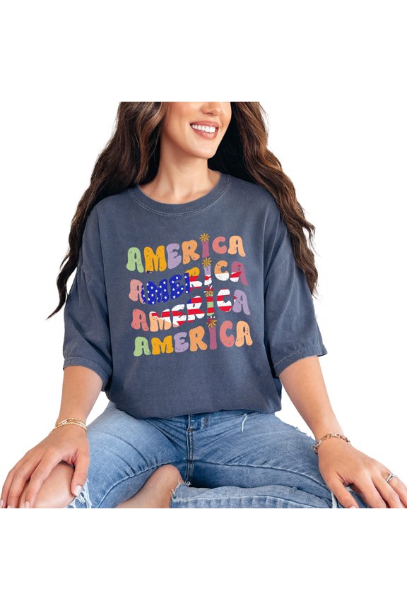 America, 4th of July Themed, Groovy Retro Wavy Text, Denim Comfort Colors T-Shirt, Small