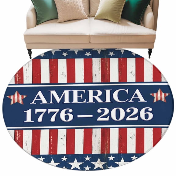 America Anniversary Round Living Room Rugs 7 ft, Retro USA Flag Independence Day Washable Area Rug with Non-Slip Sturdy Edge Binding Round Carpet for Kitchen Office Bedroom