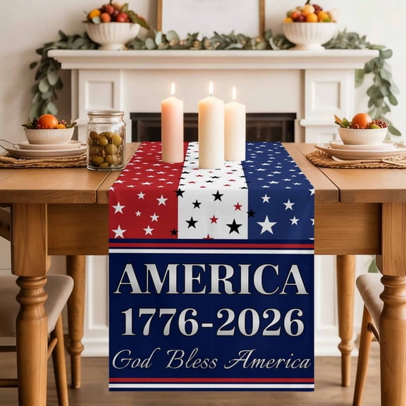 America Anniversary Table Runner 13x36 Inch God Bless America Patriotic Star Strip Cotton Linen Dining Table Runner Ideal for Dresser Kitchen Coffee Tables - Machine Washable