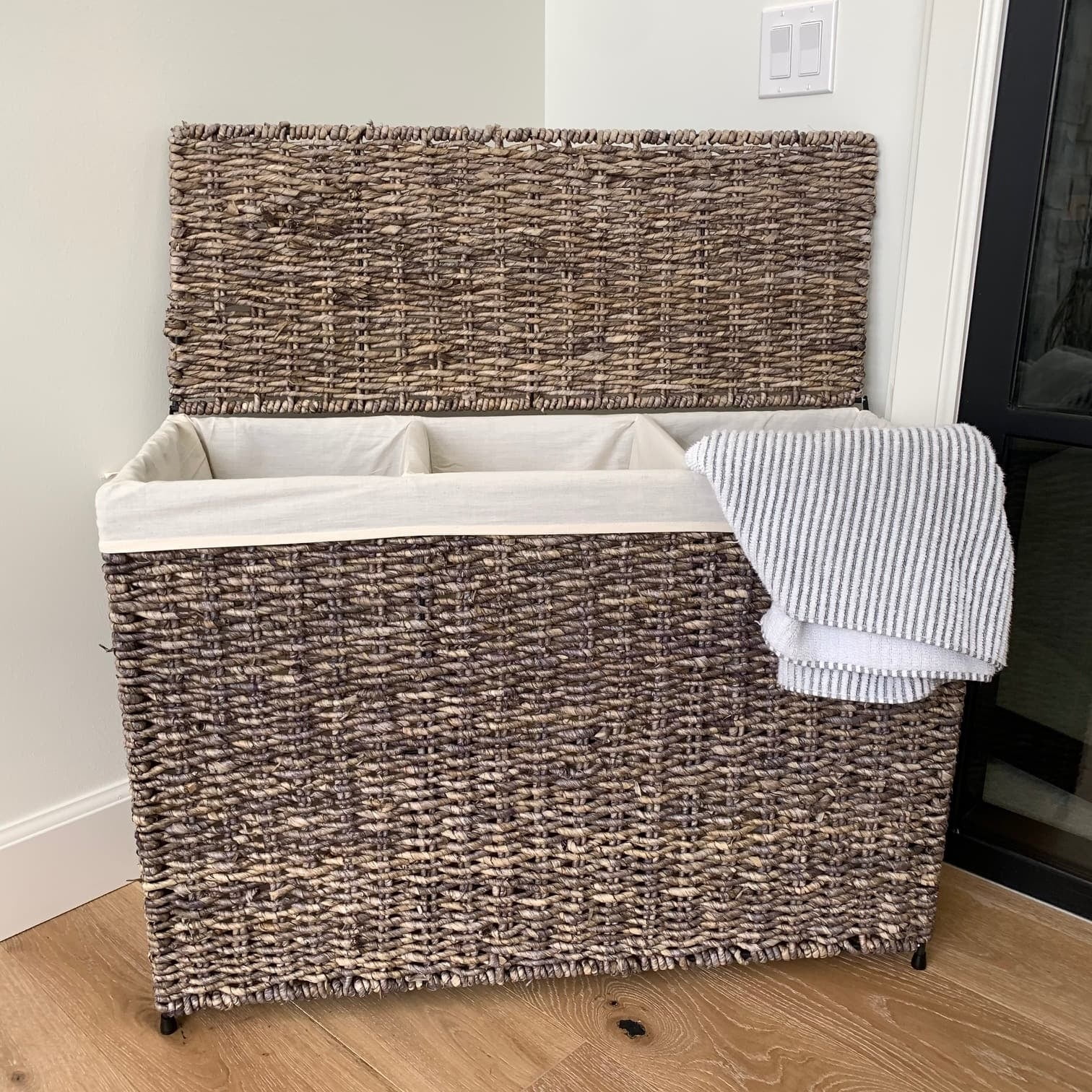 Rectangular Woven Maize 3-Section Laundry Hamper with White Liner
