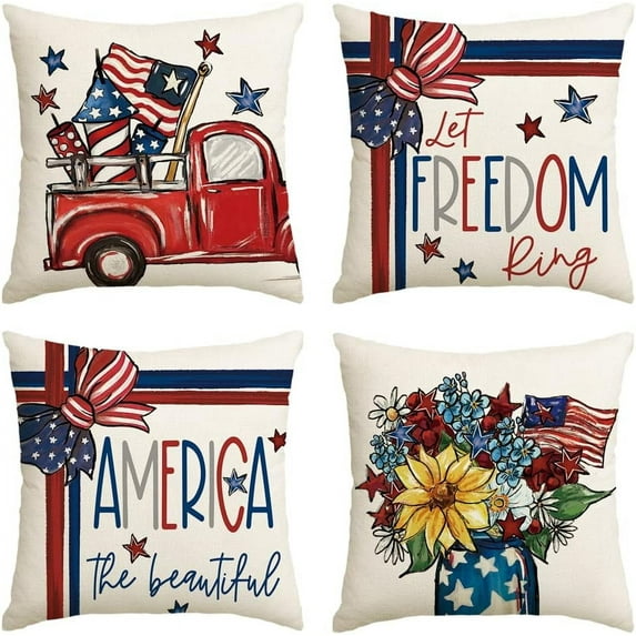 America The Beautiful Let Freedom Ring Throw Pillow Covers, 18 x 18 Inch Freedom 4th of July Independence Memorial Day Patriotic Cushion Case for Sofa Couch Set of 4