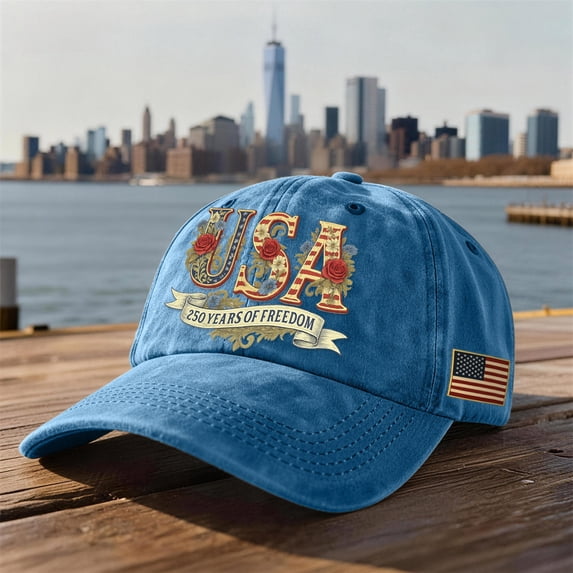 America Birthday Hat 250 Years Anniversary Hat Patriotic USA Baseball Cap Adjustable Distressed Print Soft Washed Cotton for 4th of July & Daily Wear Light Blue