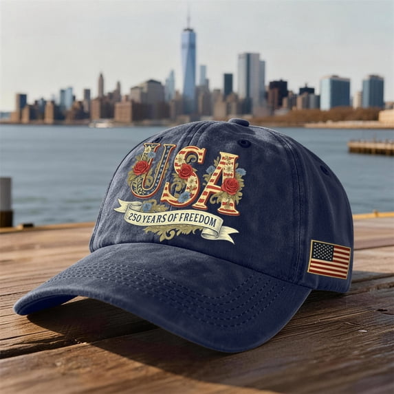 America Birthday Hat 250 Years Anniversary Hat Patriotic USA Baseball Cap Adjustable Distressed Print Soft Washed Cotton for 4th of July & Daily Wear Navy
