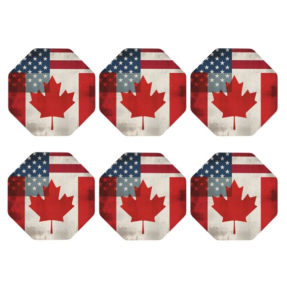 America Canada Flag Leather Drink Coasters for Drinks (6 Pack) for Tabletop Protection Octagon