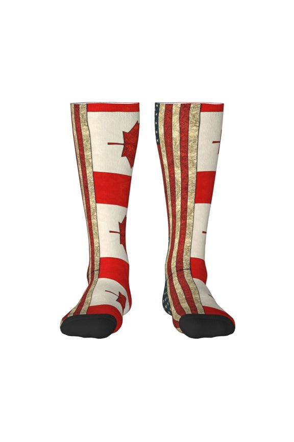 America Canada Flag Pattern Knee High Socks for Women Long Leg Warmers Socks