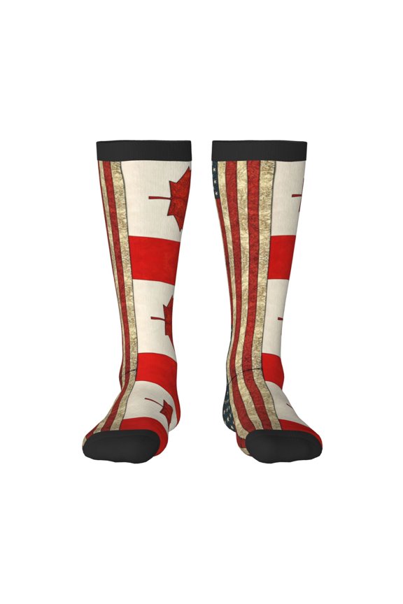 America Canada Flag Pattern Knee High Socks for Women Long Leg Warmers Socks
