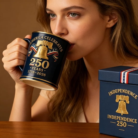 America Celebrates 250 Years Commemorative Mug, 1776-2026 Anniversary Ceramic Coffee Cup with Liberty Bell Design,Gold Rim,Navy Blue, Hand Wash Only (11 OZ)