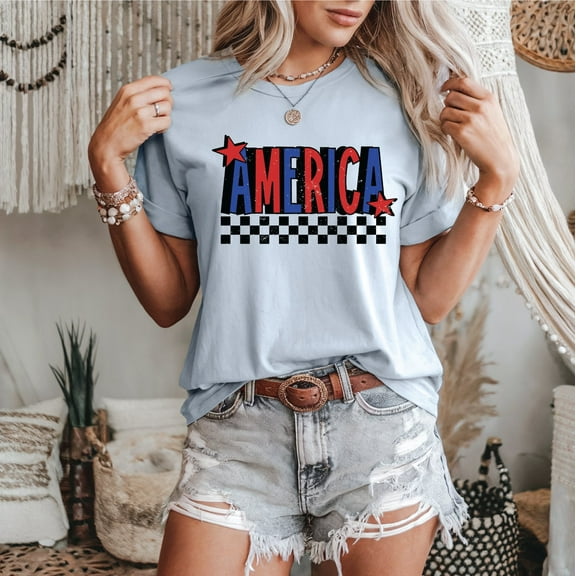 America Checkered Light Blue Unisex Graphic Tee