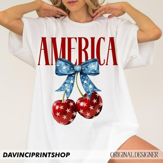 America Cherries T-shirt, Cherry Bow Shirt, Trendy July 4th Shirt, 4th of july Woman Shirt, Usa Flag Shirt TH140521