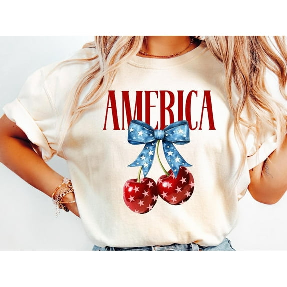 America Cherry Shirt, 4th of July Graphic Tee, Patriotic Bow T-Shirt, USA Summer Shirt, Vintage July 4th Tee