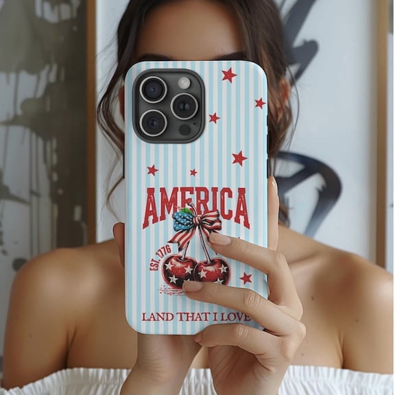 America Cherry Tough Phone Case, Patriotic 1776 Land That I Love iPhone Case, Fourth of July Red White Blue Cover, USA Pride Gift