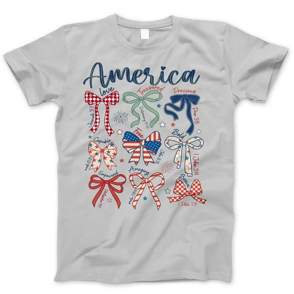 America Christian Bows T-Shirt – Patriotic Faith-Based Tee with Bible Verses & USA Colors – 4th of July Shirt for Women, Girls, Christian Moms & Faith Apparel Lovers
