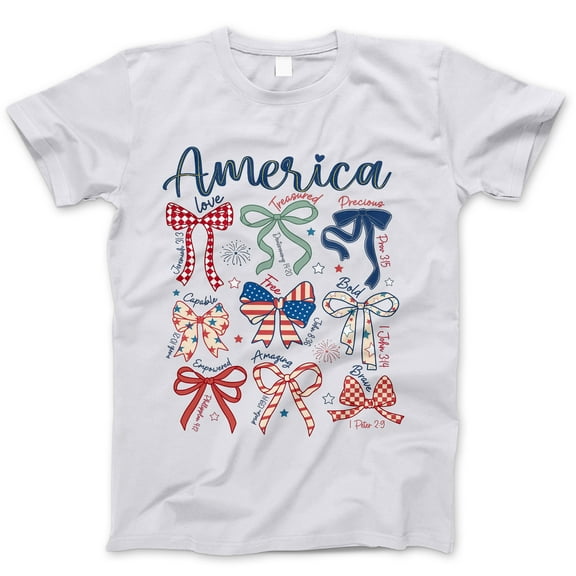 America Christian Bows T-Shirt – Patriotic Faith-Based Tee with Bible Verses & USA Colors – 4th of July Shirt for Women, Girls, Christian Moms & Faith Apparel Lovers