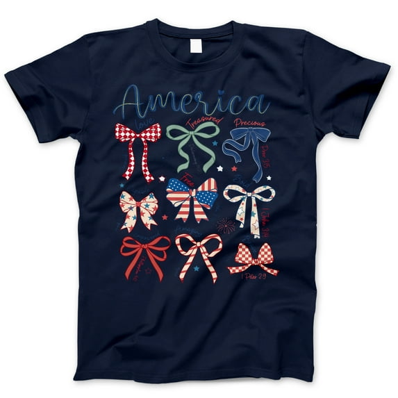 America Christian Bows T-Shirt – Patriotic Faith-Based Tee with Bible Verses & USA Colors – 4th of July Shirt for Women, Girls, Christian Moms & Faith Apparel Lovers