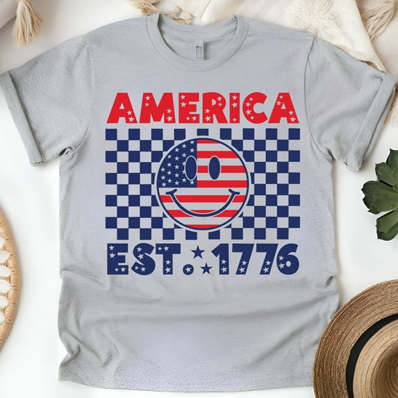 America EST 1776 Smiley Face Shirt – USA Flag Checkerboard Patriotic Tee, Sport Grey, Size XL