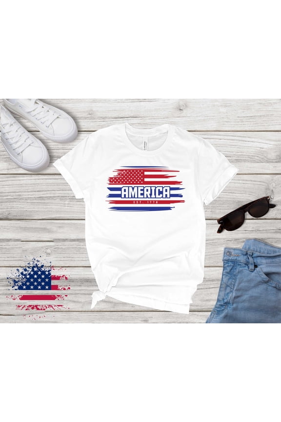 America EST 1776 US Flag 4th Of July Patriotic T-Shirt - All Size S-5XL