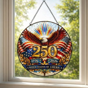America Eagle 250th Anniversary Glass Suncatcher Round Window Hanging, 3.5 in